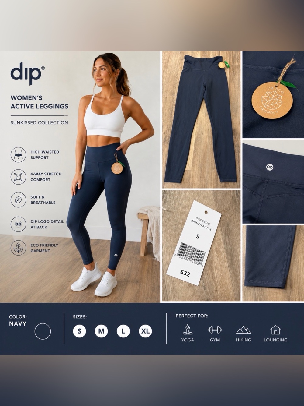 NWT Dip Sunkissed Women’s Active Leggings Navy Blue High Rise Size Small